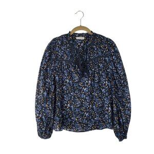 Ulla Johnson Jeanne Blouse Navy Blue Floral Lightweight Peasant Top Womens 2